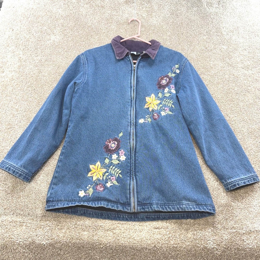 Studio West Women's Denim Jacket S Blue Floral Embroidered Fleece Lined Boho VTG